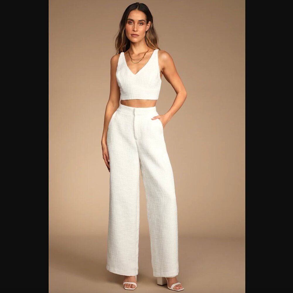 Lulus Pants L NWT Tweed Wide-Leg Chic and Sophisticated Ivory Textured